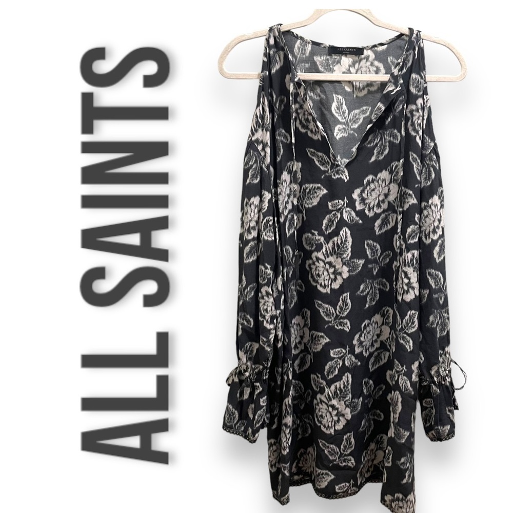 All Saints Dark Gray Shift Floral Lace Cold Shoulder Boho Dress - Large